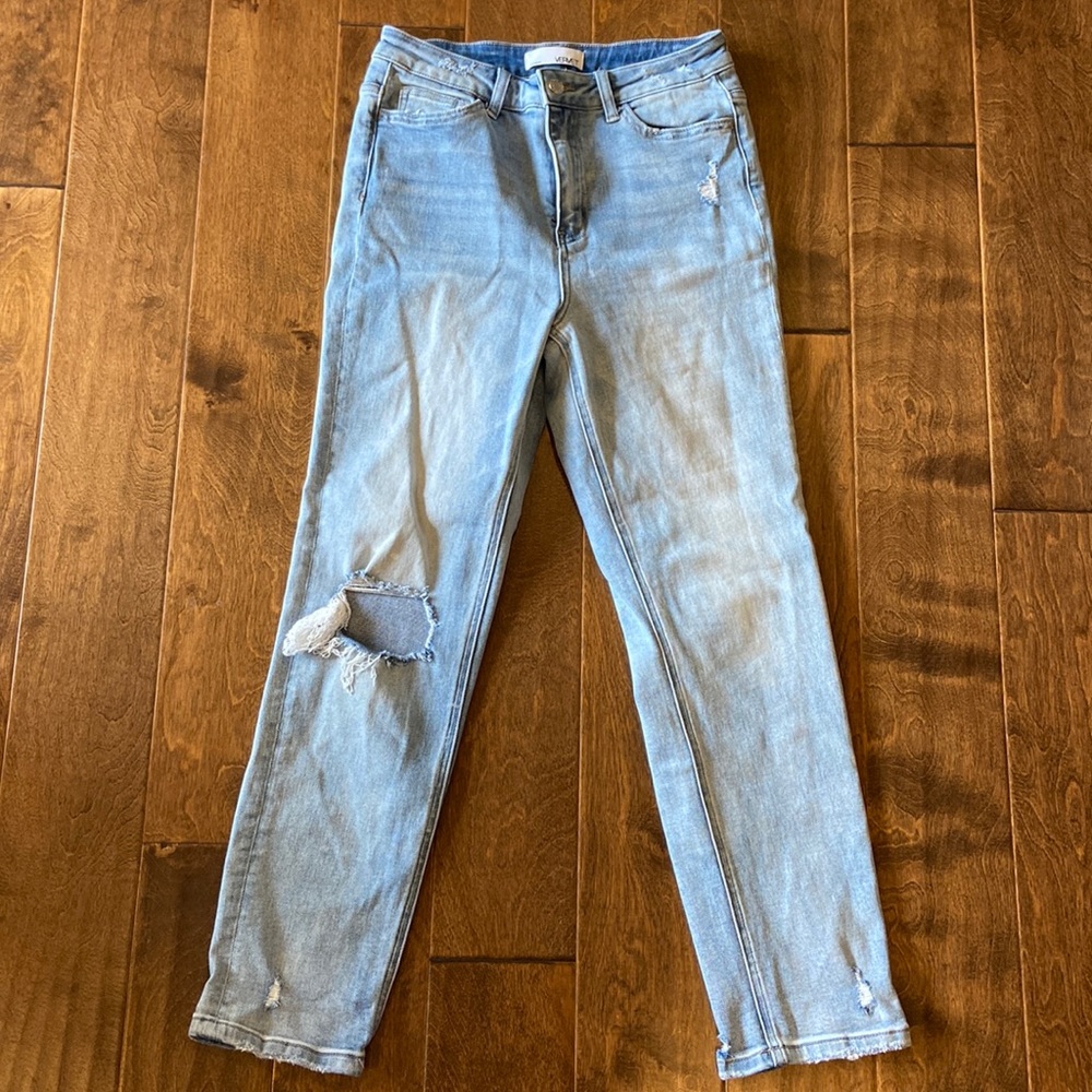 Size 28, light wash distressed mom jeans